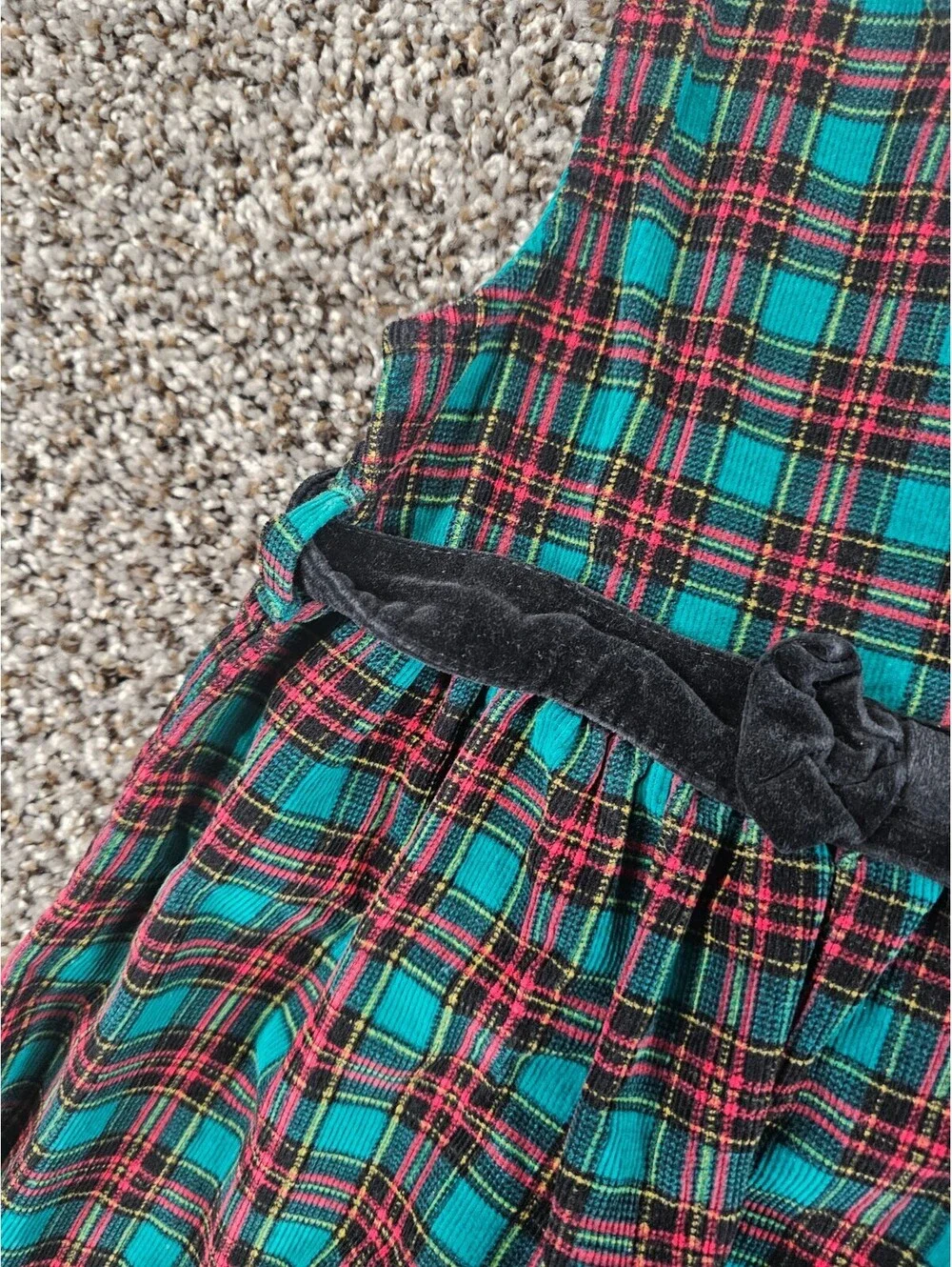 Vintage 90s Gymboree Holiday Plaid Corduroy Dress Green Red Black Bow Sz L